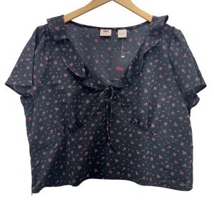 Levis Womens Black Floral Ruffle Blouse Top‎ Size XXL Short Sleeve Boho